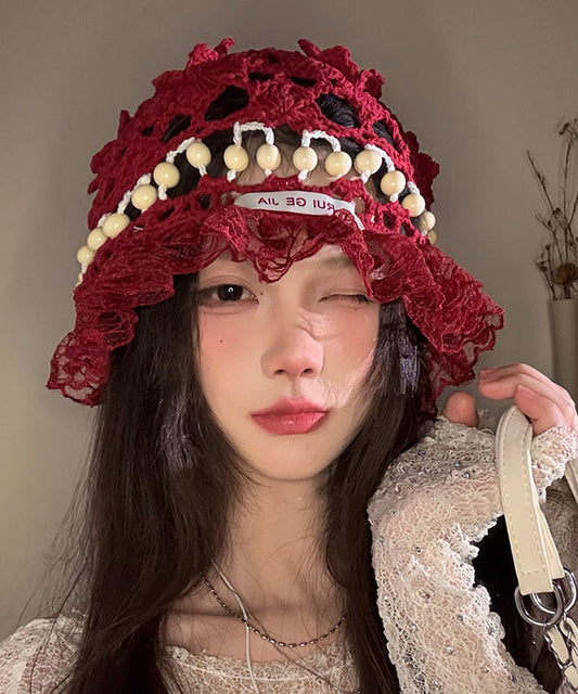 Stylish Lace Hollow Bucket Knit Hat Out Patchwork Mulberry