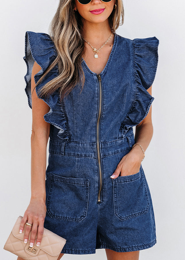Stylish Zippered Navy Denim Short O-Neck Jumpsuit Ruffled Sleeve