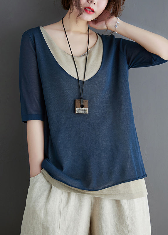 Two Fake Summer Stylish Tops Navy Knit Patchwork Piece