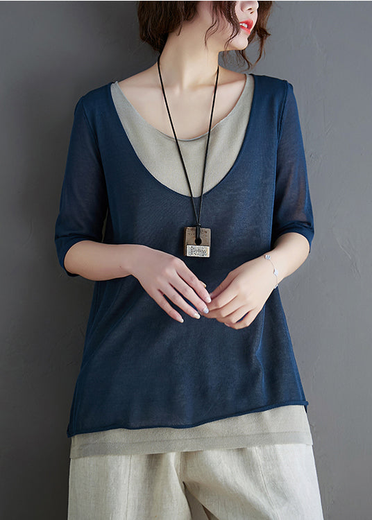 Two Fake Summer Stylish Tops Navy Knit Patchwork Piece