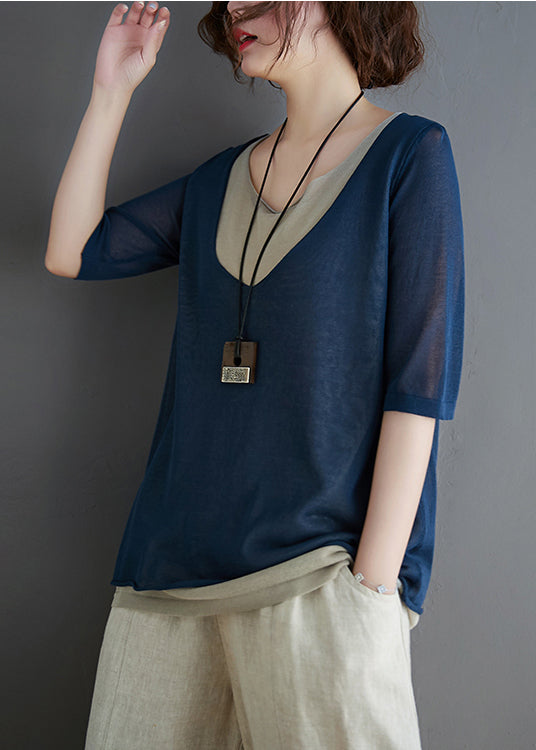 Two Fake Summer Stylish Tops Navy Knit Patchwork Piece