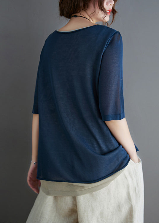 Two Fake Summer Stylish Tops Navy Knit Patchwork Piece