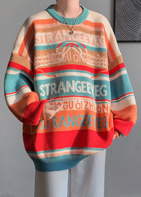 Stylish Orange O Neck Striped Knit Mens Sweaters Winter RC032