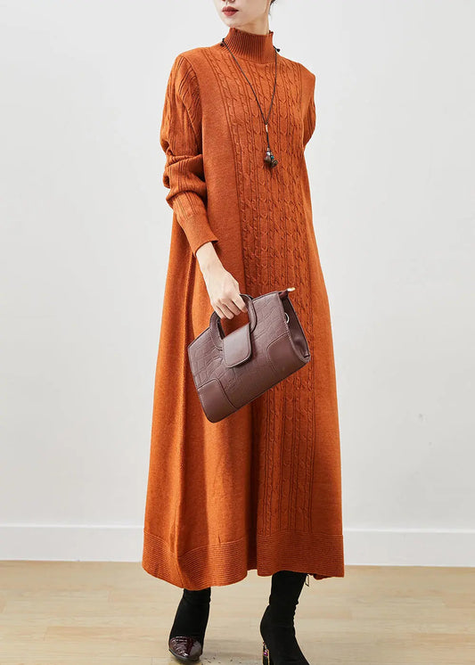 Stylish Orange Oversized Cable Knit Ankle Dress Spring Ada Fashion