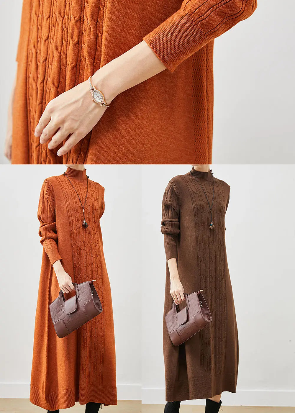 Stylish Orange Oversized Cable Knit Ankle Dress Spring Ada Fashion