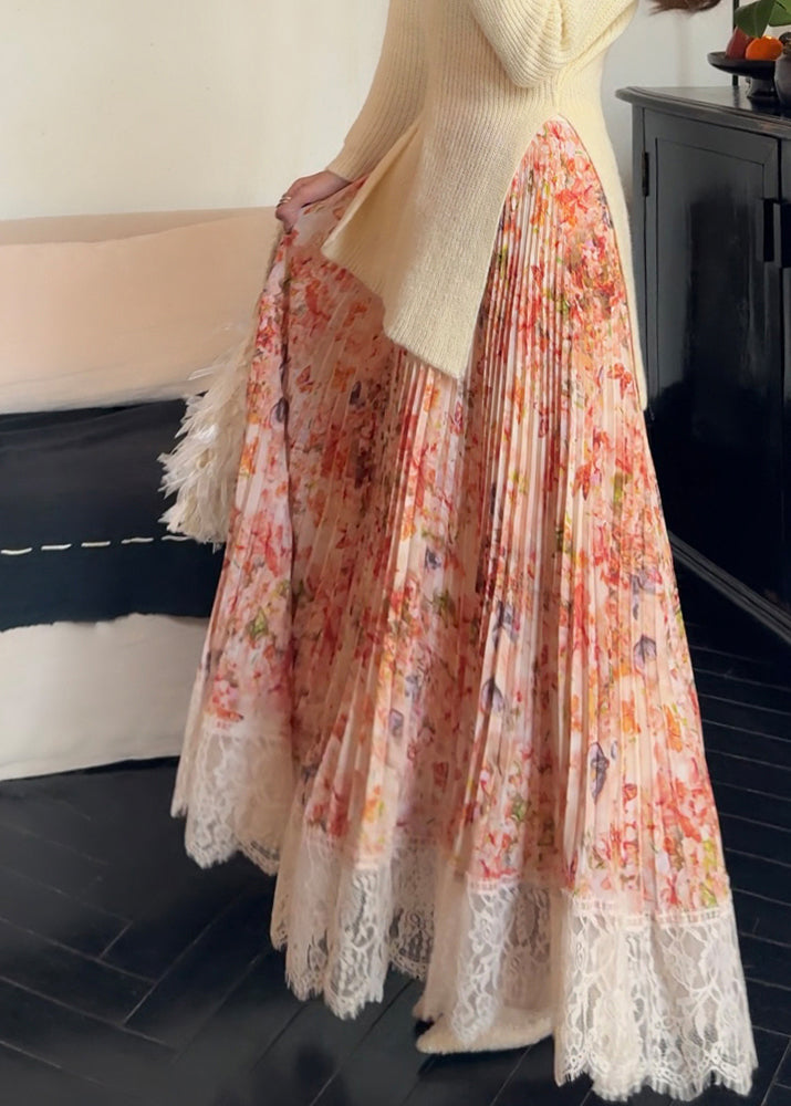 Pleated Stylish Print Skirt Orange Chiffon Patchwork Lace Summer