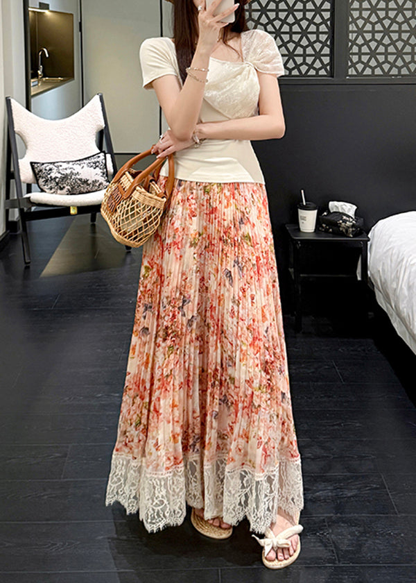 Pleated Stylish Print Skirt Orange Chiffon Patchwork Lace Summer