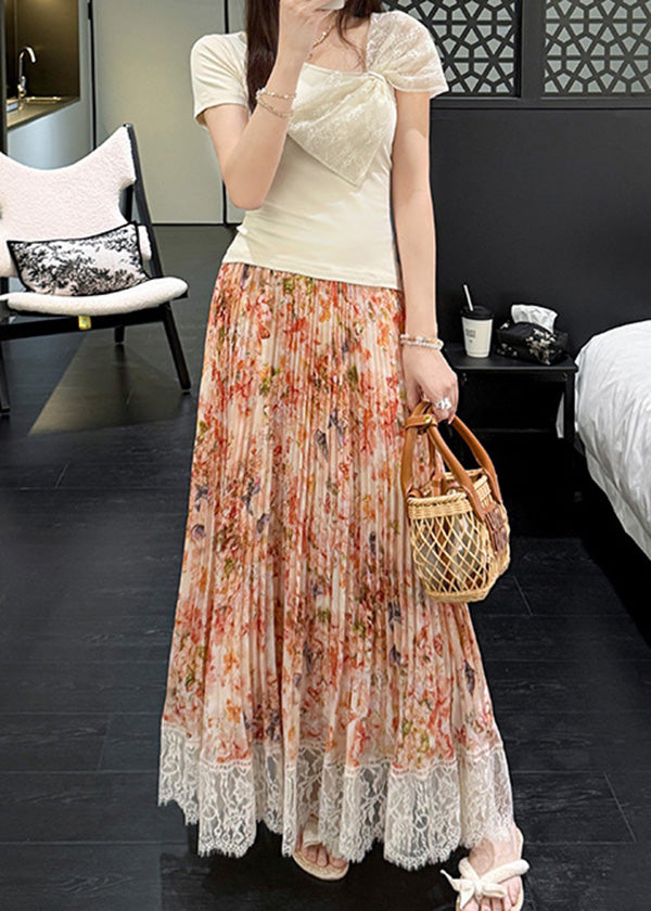 Pleated Stylish Print Skirt Orange Chiffon Patchwork Lace Summer