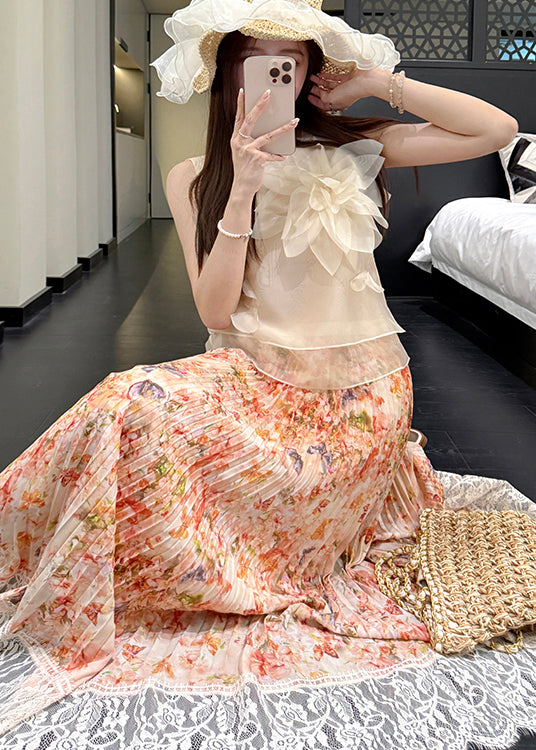 Patchwork Summer Pleated Chiffon Lace Print Stylish Skirt Orange