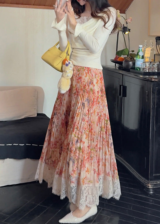 Pleated Stylish Print Skirt Orange Chiffon Patchwork Lace Summer