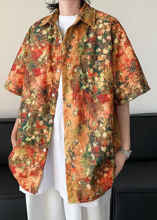 Pockets Stylish Orange Mens Shirts Print Half Ice Silk Sleeve