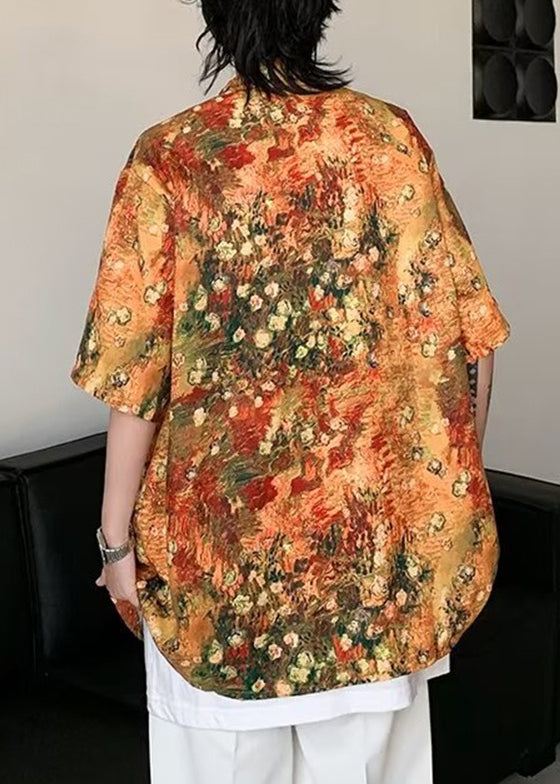 Pockets Stylish Orange Mens Shirts Print Half Ice Silk Sleeve