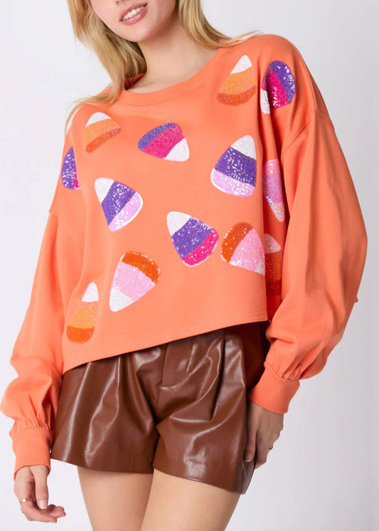 Stilvolles orangefarbenes Sweatshirt aus Baumwolle mit Patchwork und Pailletten für den Herbst AE1033