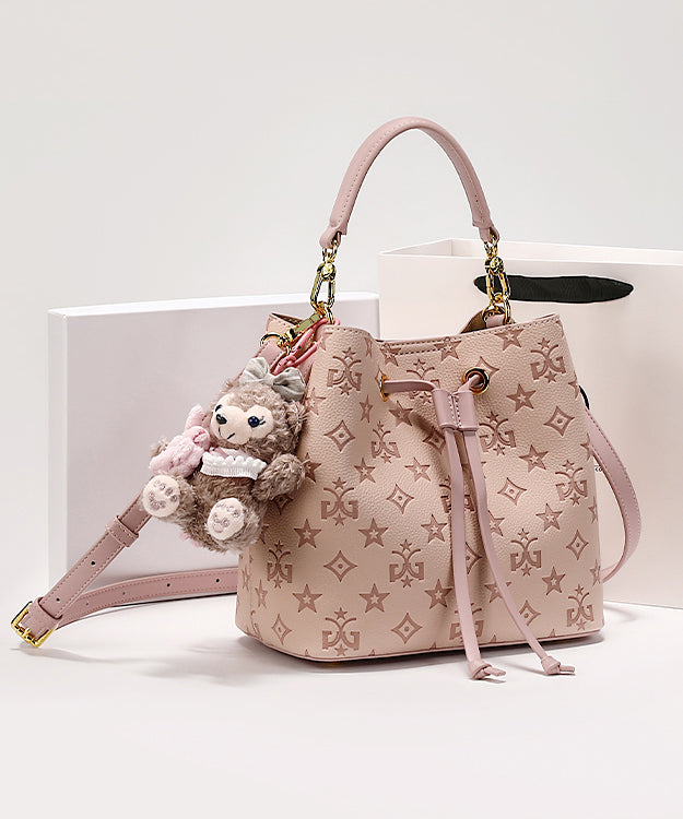 Pink Bucket Bag Embossed Calf Leather Stylish