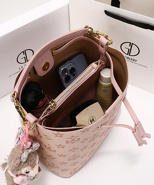 Pink Bucket Bag Embossed Calf Leather Stylish