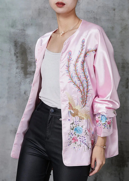 Stylish Pink Embroidered Pockets Silk Jacket Spring Ada Fashion