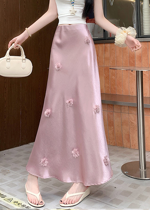 Floral Silk Stylish High Pink Skirt Summer Waist