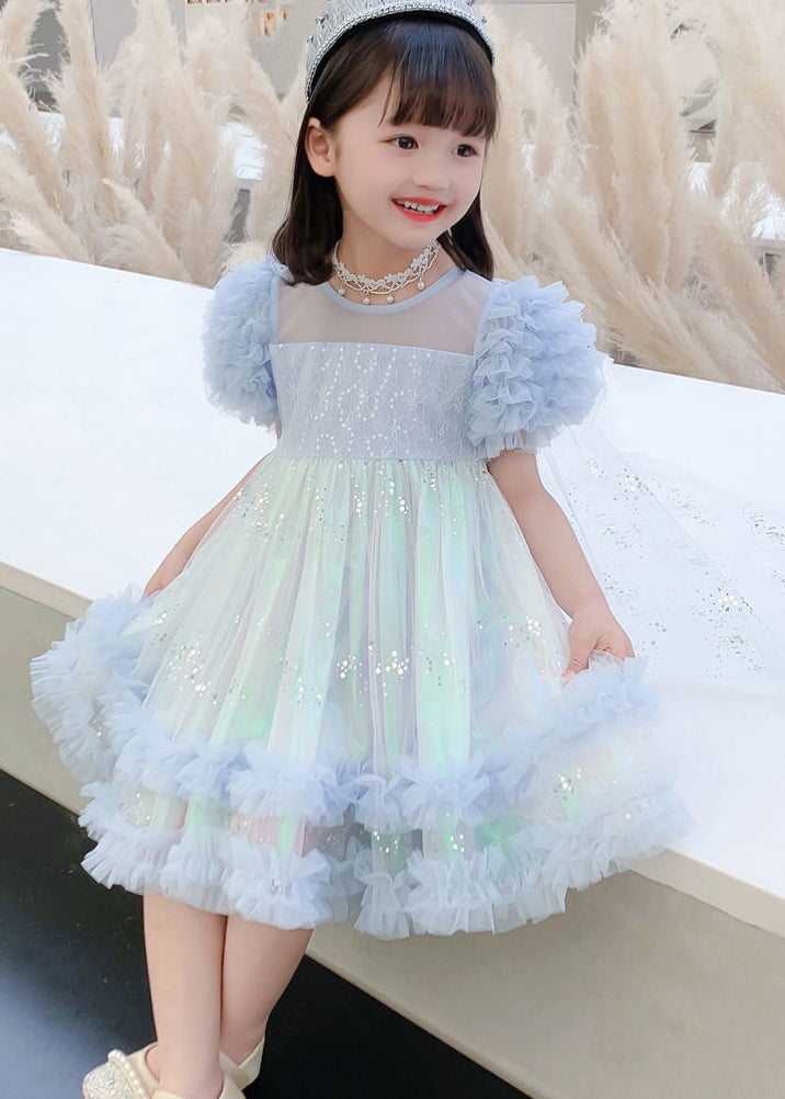 Stylish Pink Floral Sequins Flattering Tulle Girls Long Dresses Short Sleeve EW021