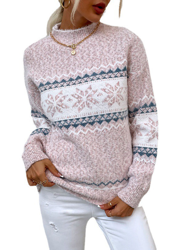 Stylish Pink Half Hign Neck Jacquard Thick Knit Sweaters Fall QY014