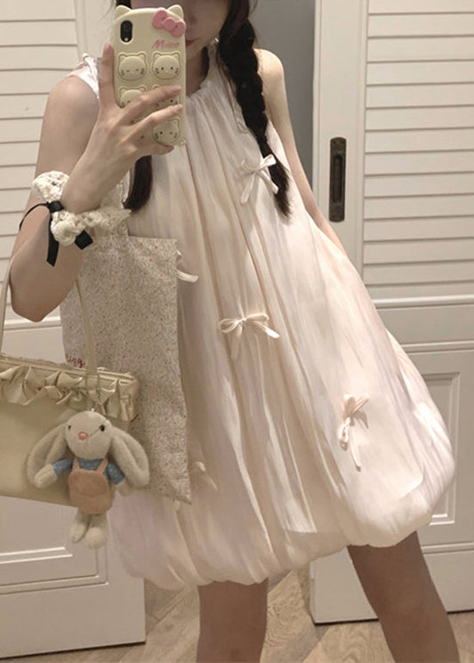 Dress Sleeveless Cotton Pink Lace Up Mid Bow Stylish