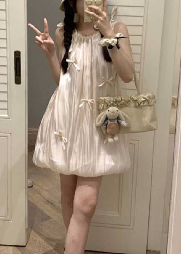 Dress Sleeveless Cotton Pink Lace Up Mid Bow Stylish