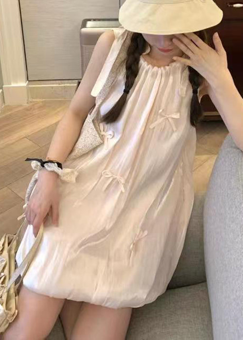 Dress Sleeveless Cotton Pink Lace Up Mid Bow Stylish