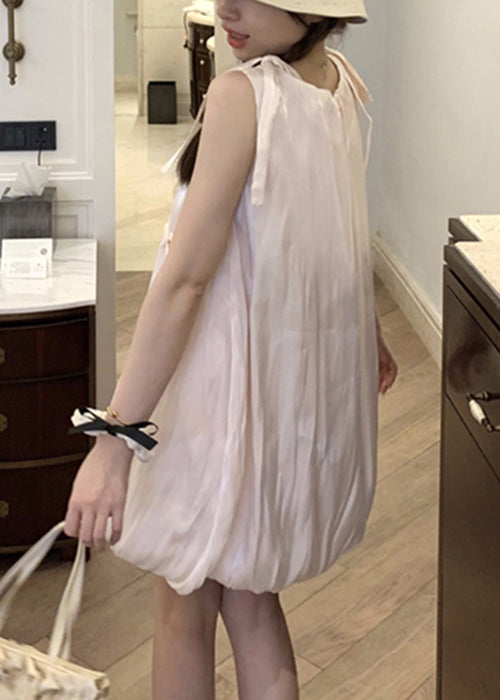 Dress Sleeveless Cotton Pink Lace Up Mid Bow Stylish