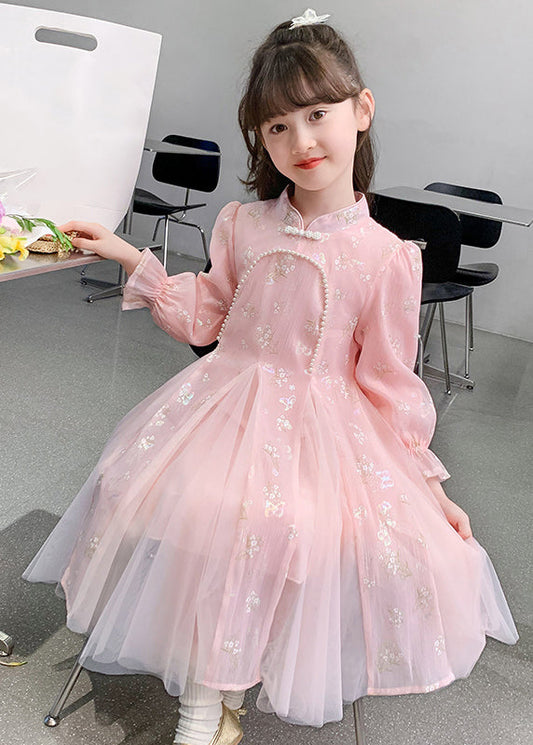 Floral Sleeve Long Stylish Tulle Nail Bead Pink Kids Dresses