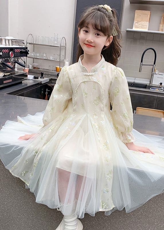 Floral Sleeve Long Stylish Tulle Nail Bead Pink Kids Dresses