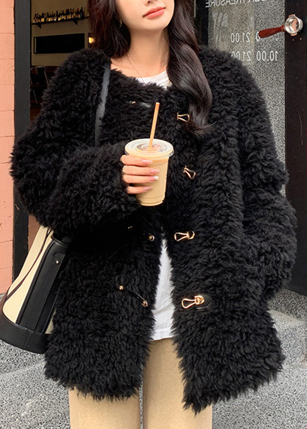 Stylish Pink O Neck Buckle Faux Fur Coat Winter YY002