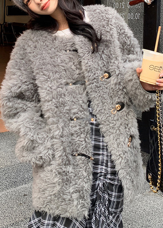 Stylish Pink O Neck Buckle Faux Fur Coat Winter YY002