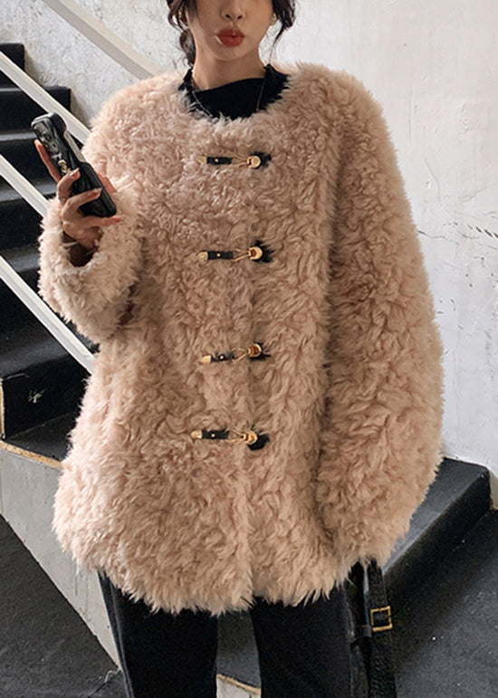 Stylish Pink O Neck Buckle Faux Fur Coat Winter YY002