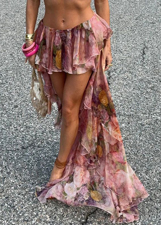 Pink Print Chiffon Summer High Stylish Low Skirt Design