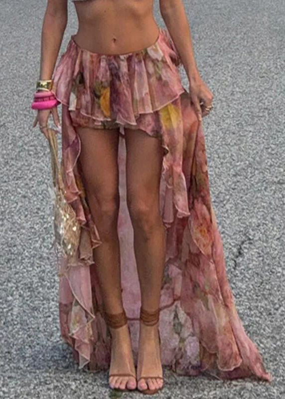 Pink Print Chiffon Summer High Stylish Low Skirt Design