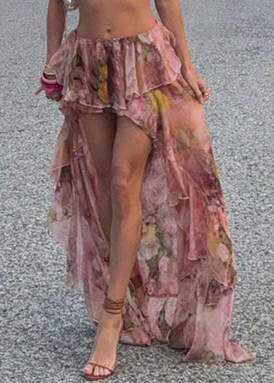 Pink Print Chiffon Summer High Stylish Low Skirt Design