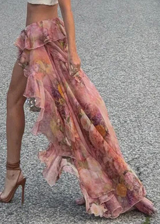 Pink Print Chiffon Summer High Stylish Low Skirt Design