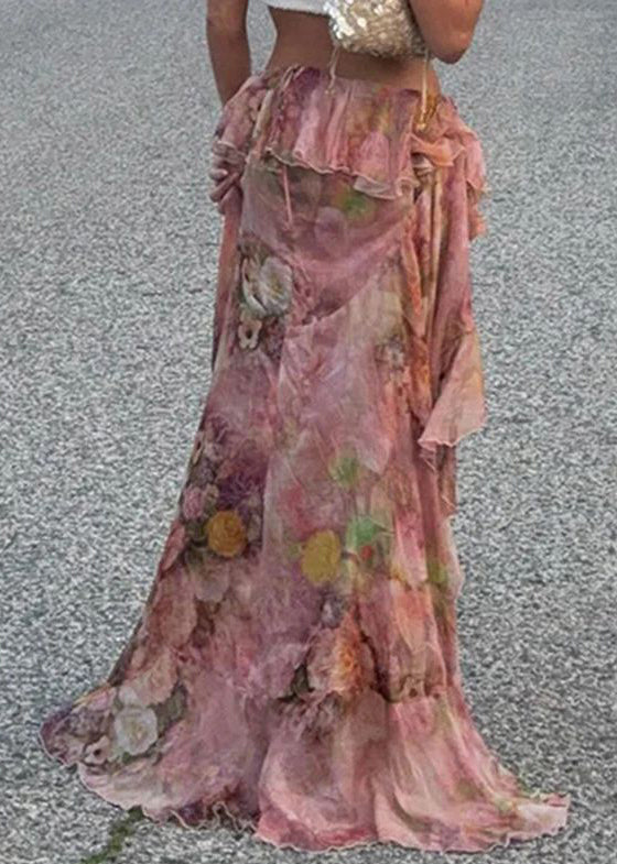 Pink Print Chiffon Summer High Stylish Low Skirt Design