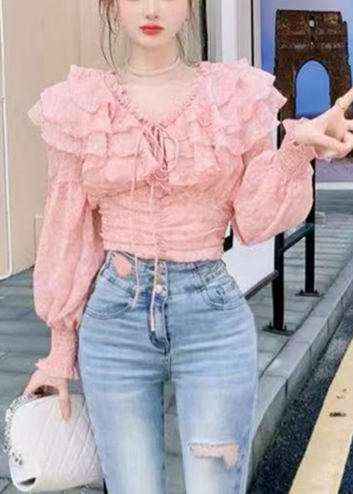 Stylish Pink Ruffled Lace Up Chiffon Blouses Long Sleeve Ada Fashion