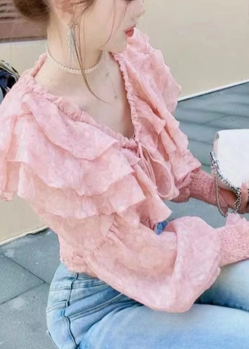 Stylish Pink Ruffled Lace Up Chiffon Blouses Long Sleeve Ada Fashion