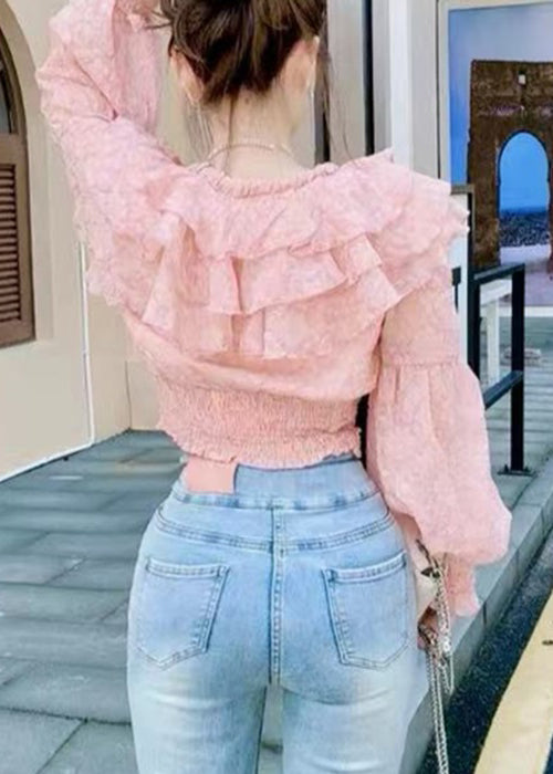 Stylish Pink Ruffled Lace Up Chiffon Blouses Long Sleeve Ada Fashion