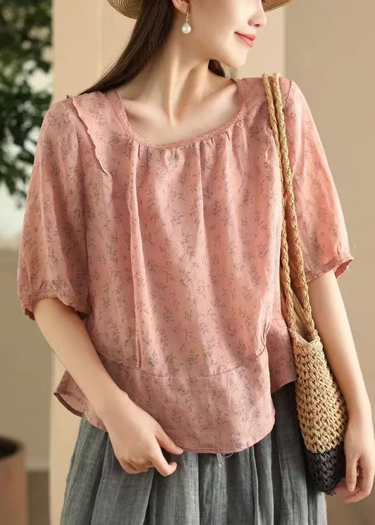 Wear Stylish Blouses Print Both Linen Collar Square On Sides Pink