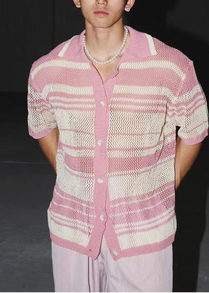 Pink Out Apparel Polo Hollow Men Shirts Knit Stylish Striped