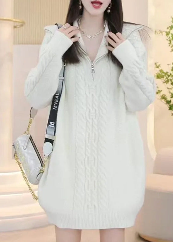 Stylish Pink Zip Up Patchwork Cable Knit Knitwear Dress Winter RF005