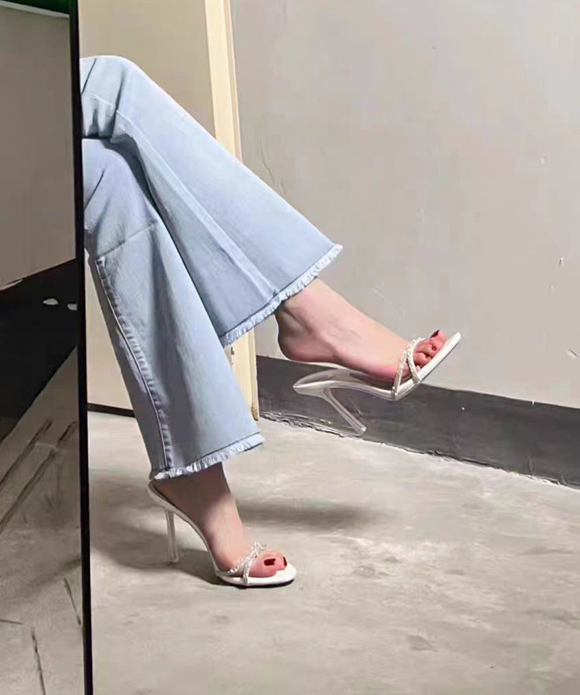 Pink Stiletto Slide Sandals Toe Stylish Zircon Splicing Peep