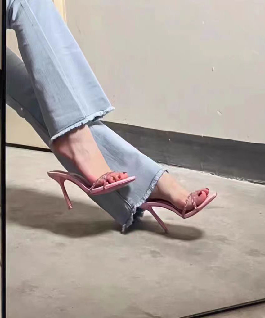 Pink Stiletto Slide Sandals Toe Stylish Zircon Splicing Peep