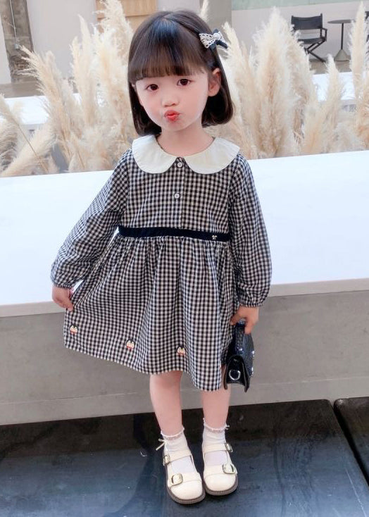 Stylish Plaid Button High Waist Cotton Girls Dress Long Sleeve XZ077