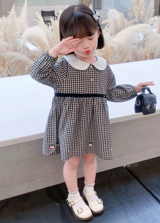 Stylish Plaid Button High Waist Cotton Girls Dress Long Sleeve XZ077