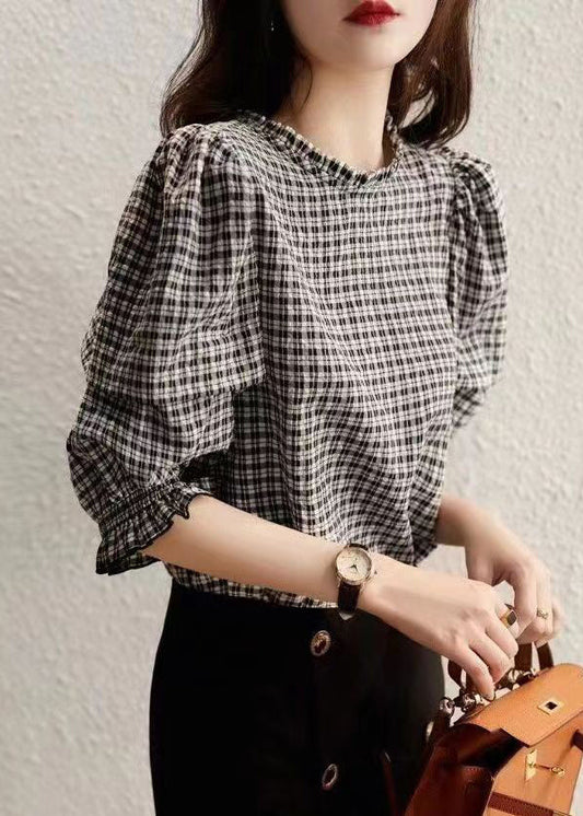 Stylish Plaid Ruffled Button Cotton Shirt Half Sleeve SS019