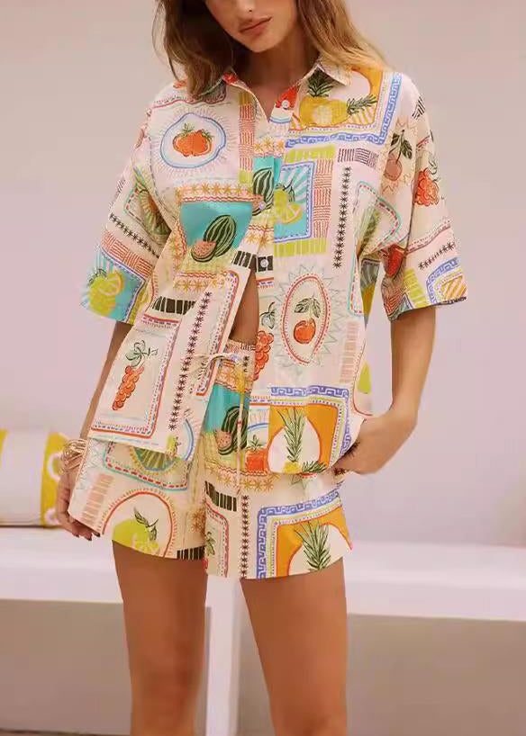 Button Two Summer And Print Shorts Stylish Shirts Set Pieces