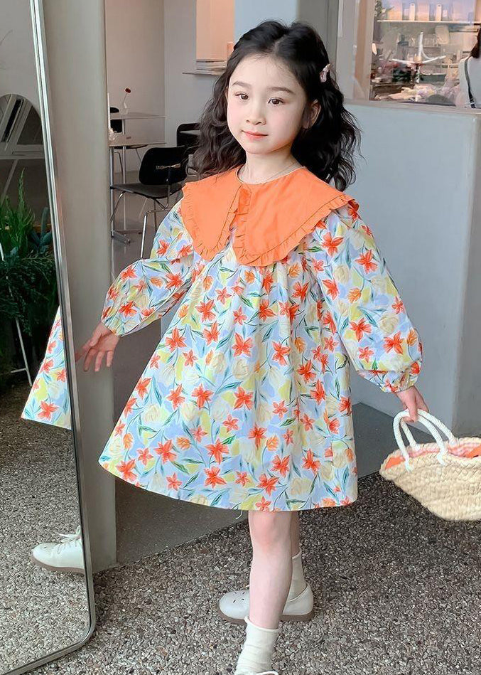 Stylish Purple Peter Pan Collar Print Girls Long Dresses Long Sleeve SS1058